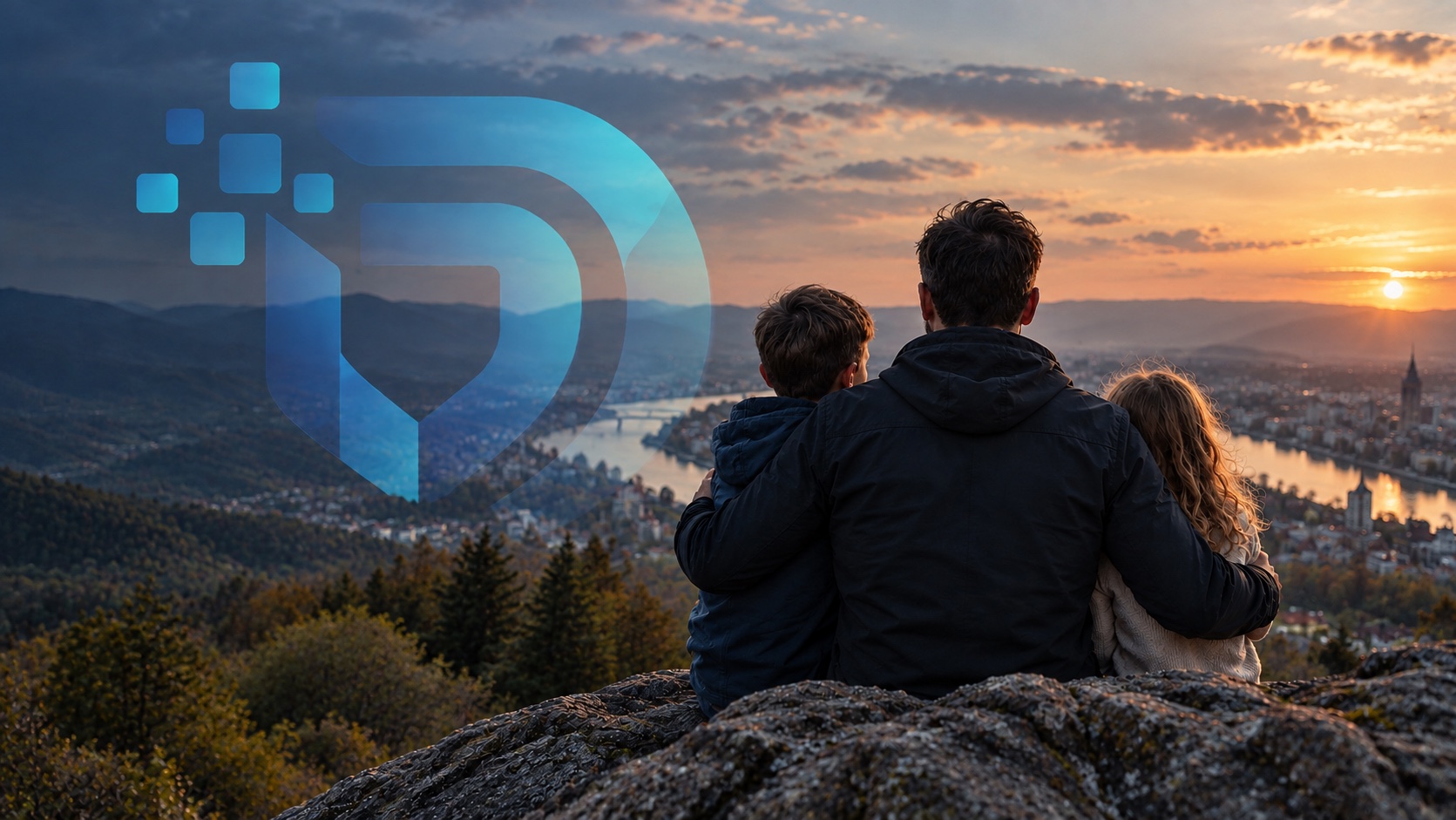 Een vader met zijn zoon en dochter op een rots, uitkijkend over een vallei bij zonsondergang, met het beeldmerk van Digiweerbaar